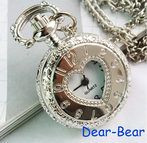 Фото (3019S) Модные карманные часы серебристого цвета с маленьким сердцем 12 шт./лот