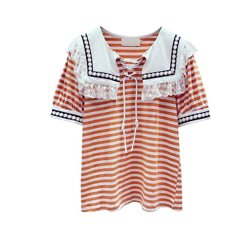 Womens Tee Summer Sweet Lace Patch Doll Collar Short Sleeve Tshirt Girls Student Stripe T-shirt Female All-match Basic Tees Tops
Womens Tee Summer Sweet Lace Patch Doll Collar Short Sleeve Tshirt Girls Student Stripe T-shirt Female All-match Basic Tees Tops