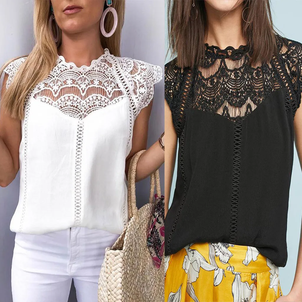 Summer Clothes 2019 Women Lace Blouses Ladies Solid Causal Sleeveless Hollow Out Shirt Tops Chiffon Blouse Plus Size blusa mujer | Женская