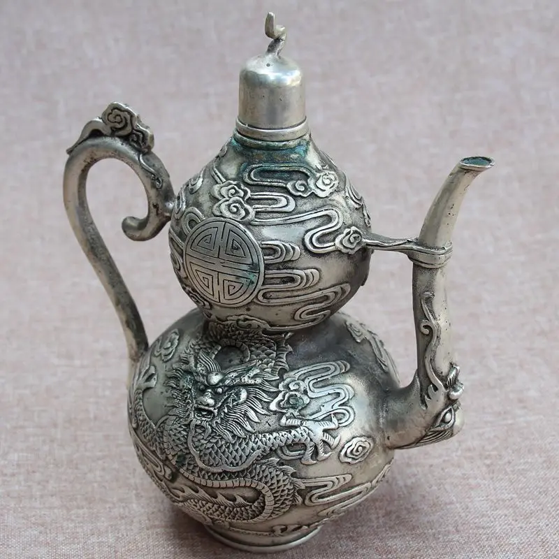 Old China White Brass Carving Dragon Pattern Gourd Wine pot Teapot Statue | Дом и сад