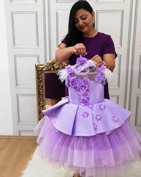 Lilac purple cupcake puffy toddler girl glitz pageant dresses baby infant tulle birthday tiered party gown with flowers and bow | Мать и