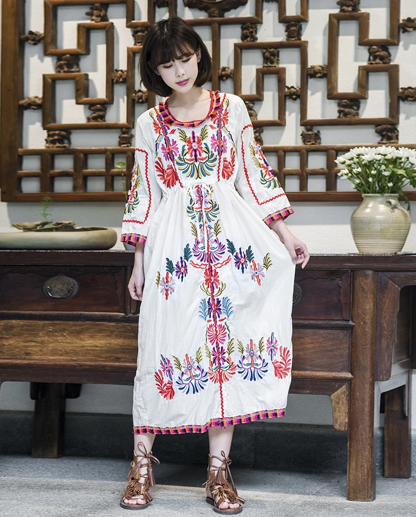 Чешские каникулы Dress Boho Style реальные фото вышивка 100% хлопок высокой талии