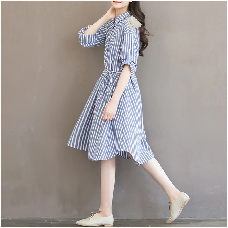 APOENGE autumn summer cotton and linen shirt dress blue stripe long sleeve loose in large plus size Linen LZ186 |