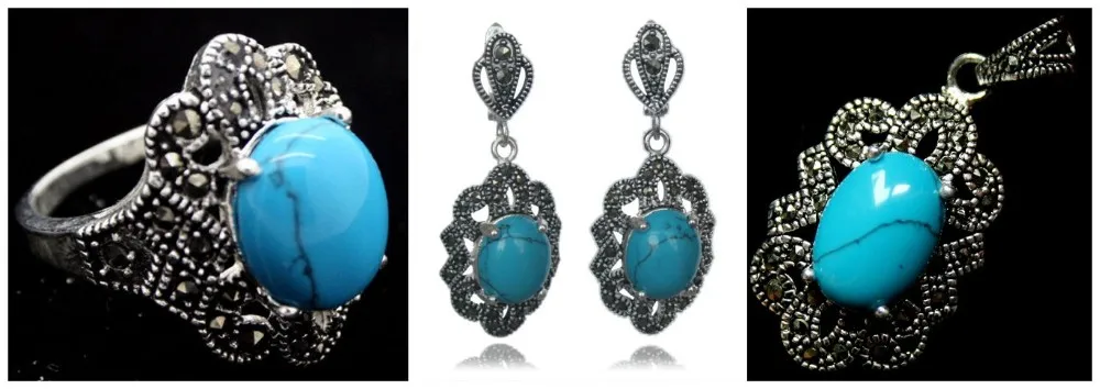 NEW Vintage Blue Turquoises 925 Sterling Marcasite Ring (#7-10) pendant and earrings sets
NEW Vintage Blue Turquoises 925 Sterling Marcasite Ring (#7-10) pendant and earrings sets