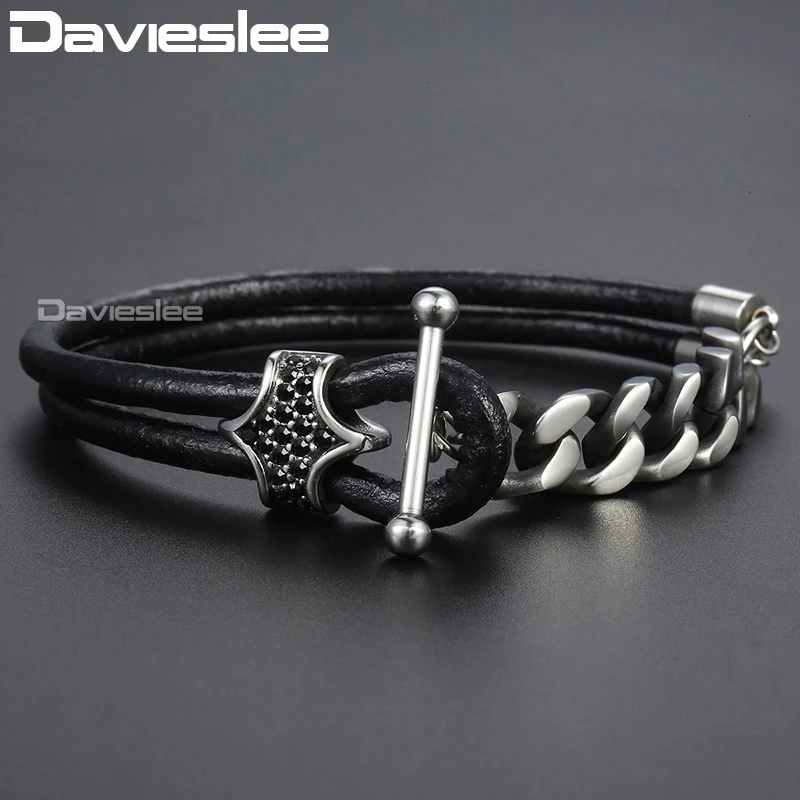 Davieslee Для мужчин s кожаный браслет черный циркония очарование Gunmetal