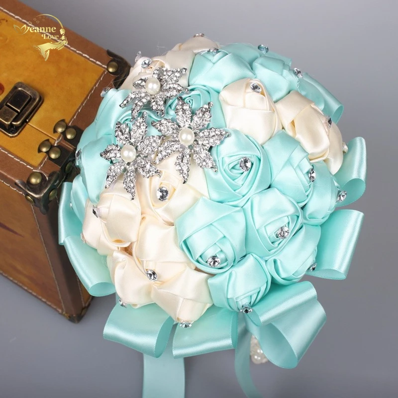 

Stunning Wedding Flowers Tiffany Blue Crystal Bridesmaid Bridal Bouquets Artificial Rose Wedding Bouquet Buque De Noiva WP020