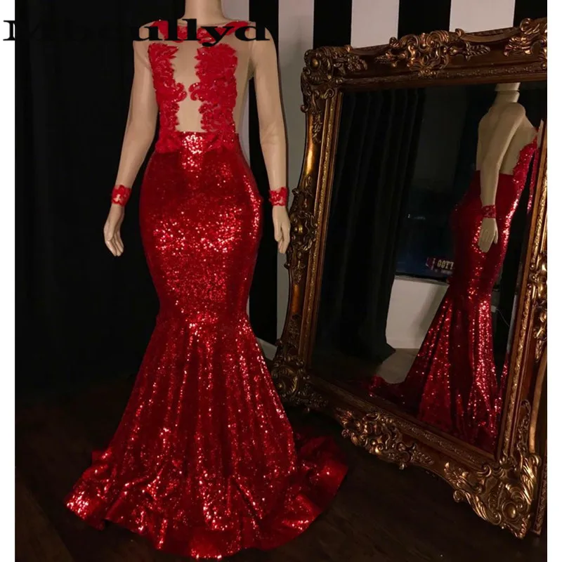 Red Sequined Mermaid Evening Dresses For Black Girls 2019 Sexy Sheer Long Sleeves African Women Prom Gown With Applique Lace
Red Sequined Mermaid Evening Dresses For Black Girls 2019 Sexy Sheer Long Sleeves African Women Prom Gown With Applique Lace