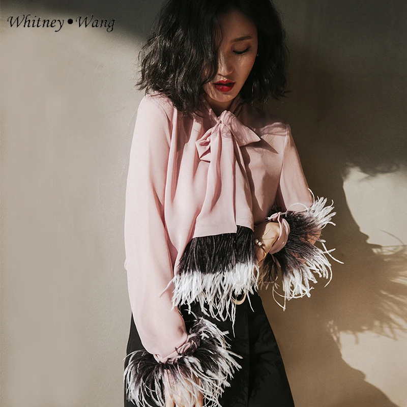 WHITNEY Ван 2018 Осенняя мода Элегантный Лук шеи страусиных перьев блузка Для женщин