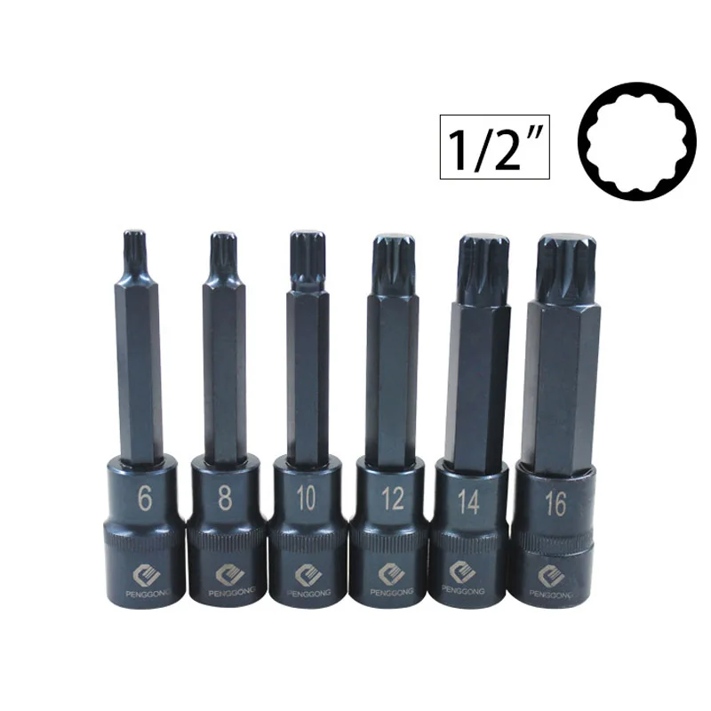 6 Pcs/set 1/2" M6-M16 12 Tooth Screwdriver Bits Drive Socket Head S2 Alloy Steel Spline Screwdriver Set Hand Tools
6 Pcs/set 1/2" M6-M16 12 Tooth Screwdriver Bits Drive Socket Head S2 Alloy Steel Spline Screwdriver Set Hand Tools