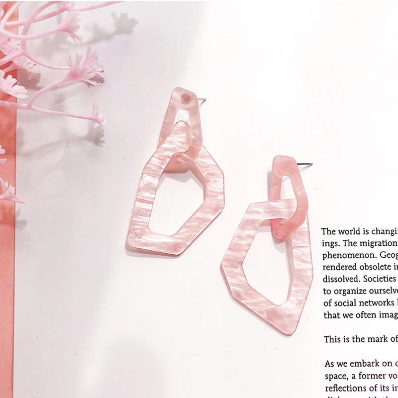 Romantic Pink White Acrylic Drop Earrings For Women Jewelry Big Flower Square Irregular Dangle Female Statement Gift | Украшения и