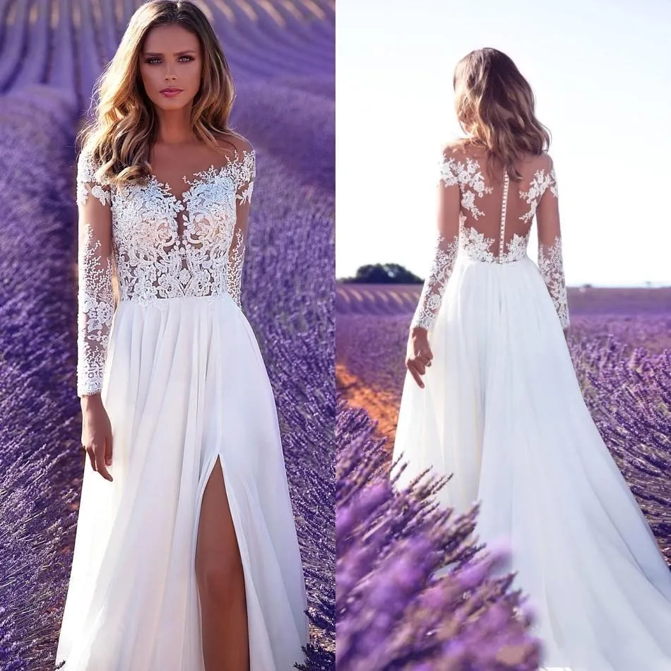 Романтический Длинный рукав кружево Boho свадебный наряд 2019 высокое Разделение