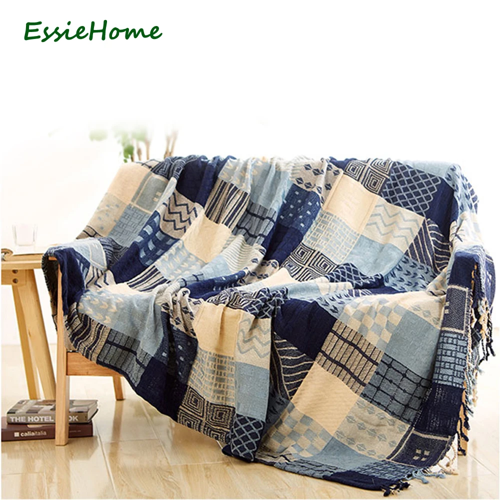 Одеяло для дивана ESSIE HOME синее бежевое в клетку богемном стиле гостиной спальни