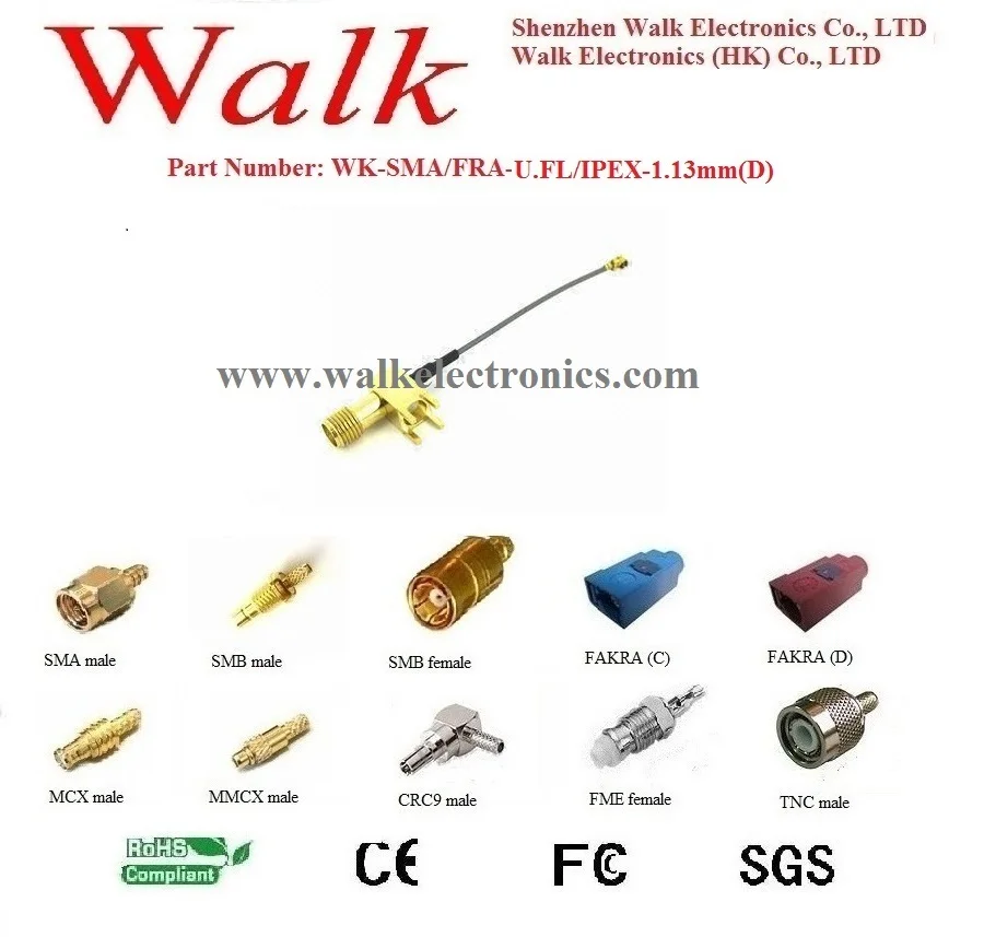 SMA female to u.fl 1.13mm(D) cable/IPEX 1.13mm(D) cable/u.fl cable: SMA female PCB mount to U.FL/IPEX with 1.13mm(D) cable
SMA female to u.fl 1.13mm(D) cable/IPEX 1.13mm(D) cable/u.fl cable: SMA female PCB mount to U.FL/IPEX with 1.13mm(D) cable