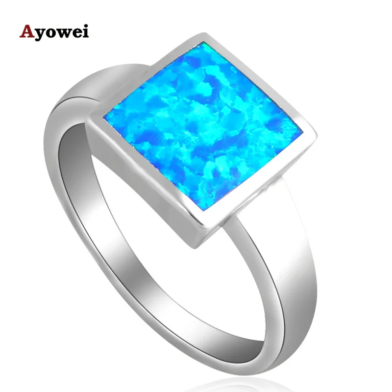 

Simple Square design Silver Stamped fashion jewelry Blue fire Opal party Rings for women USA SZ #6#7#7.5#9 OR697A