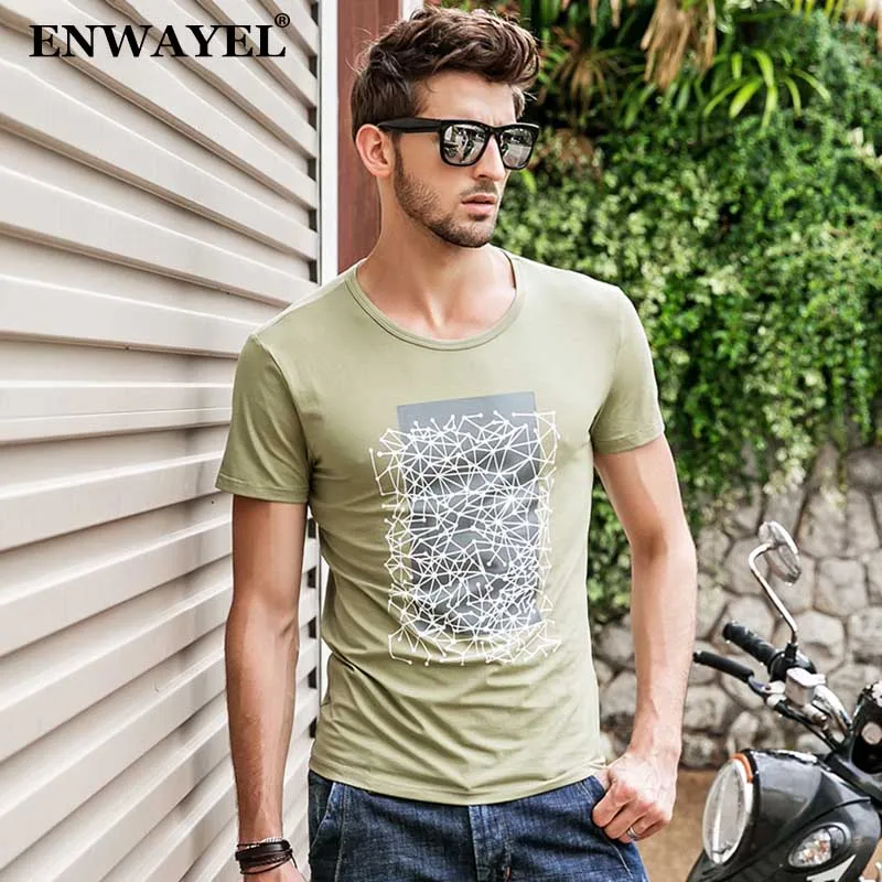 ENWAYEL Brand 2018 New Summer T Shirt Men Mesh Print Casual Fashion Slim Fit Stretch Top Tees Short sleeve 94% Cotton | Мужская одежда