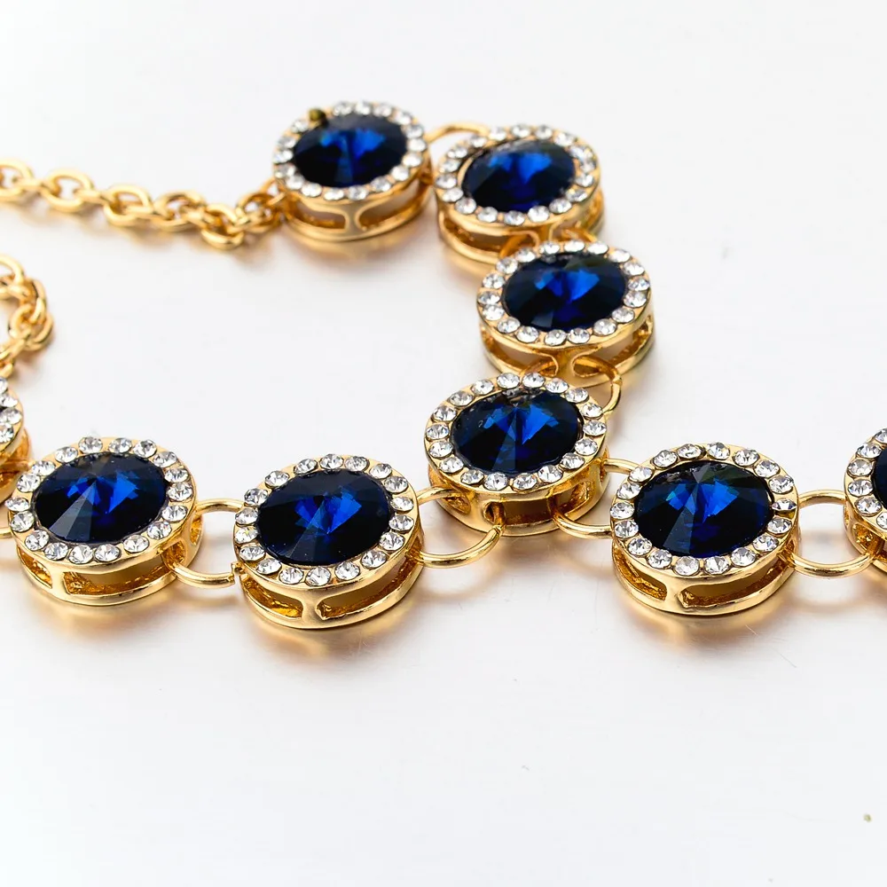 Luxury Blue Gems Rhinestone Maxi Necklaces Pendants Famous Brand Gold Chain Collar Necklace For Women Wedding Jewelry SNE150828 | Украшения