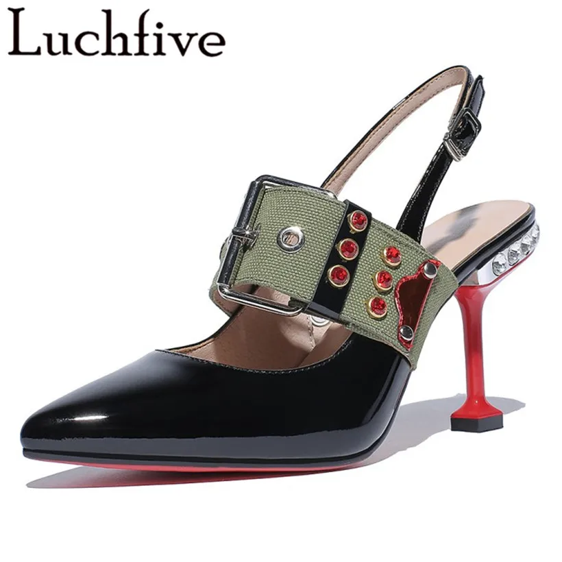 Взлетно-посадочной полосы со стразами Для женщин насосы slingback острым носом