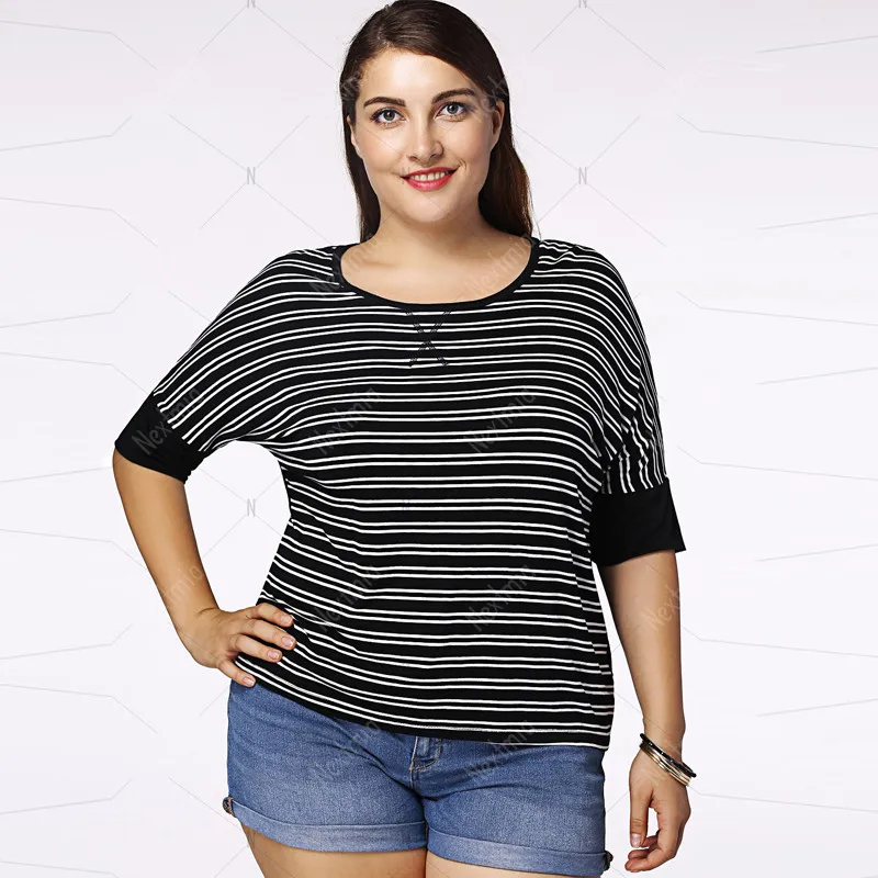 Large Women's Plus Size Tee Shirt Casual Striped O-Neck Half Sleeve Cotton T-Shirt Xl-3XL