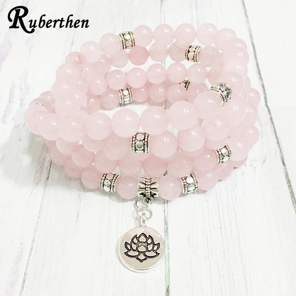 Ruberthen 2019 On Sale Women`s Yogi Bracelet Rose Quarz 108 Mala Trendy Design Lotus Charm Yoga Balance | Украшения и аксессуары