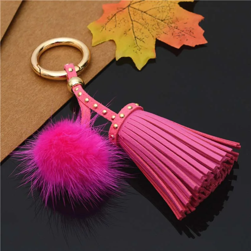 2019 New Tassel rivet Pompon Fluffy porte clef pompom Mink hair real Fur Ball women femme Pom Keychain Key Chain llavero | Украшения и