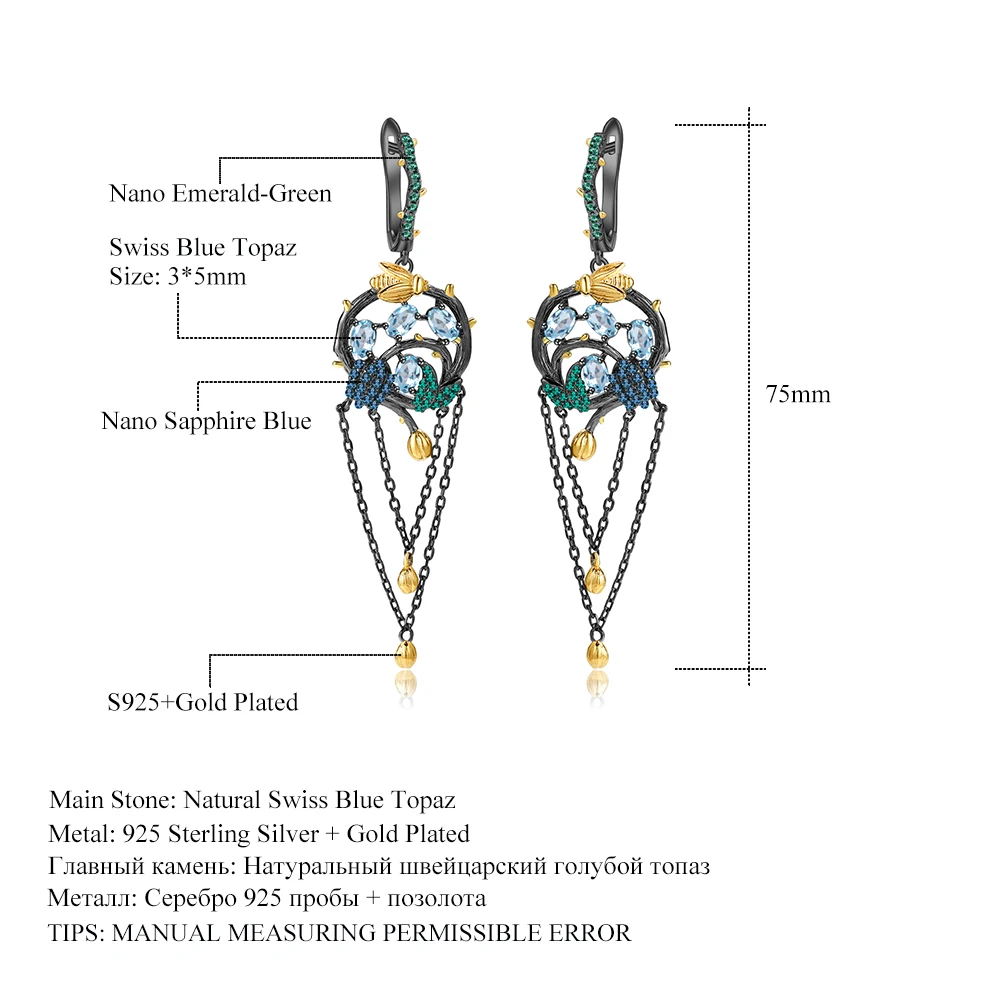 GEM'S BALLET 925 Sterling Silver Handmade Gold Bee on Branch Drop Earrings Natural Swiss Blue Topaz Tassel Earrings for Women
GEM'S BALLET 925 Sterling Silver Handmade Gold Bee on Branch Drop Earrings Natural Swiss Blue Topaz Tassel Earrings for Women