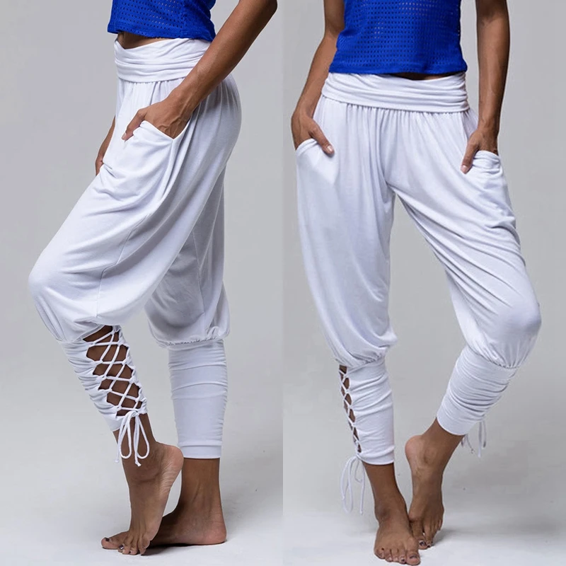 Женские Штаны Для Йоги и пилатеса мягкие однотонные белые брюки со шнуровкой