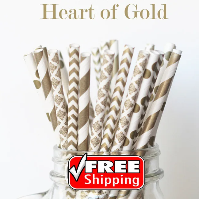 

200 Pcs Mix 4 Designs HEART OF GOLD Paper Straws - Gold Chevron,Polka Dot,Stripe,Shower,Damask,Party,Wedding,Christmas,New Year