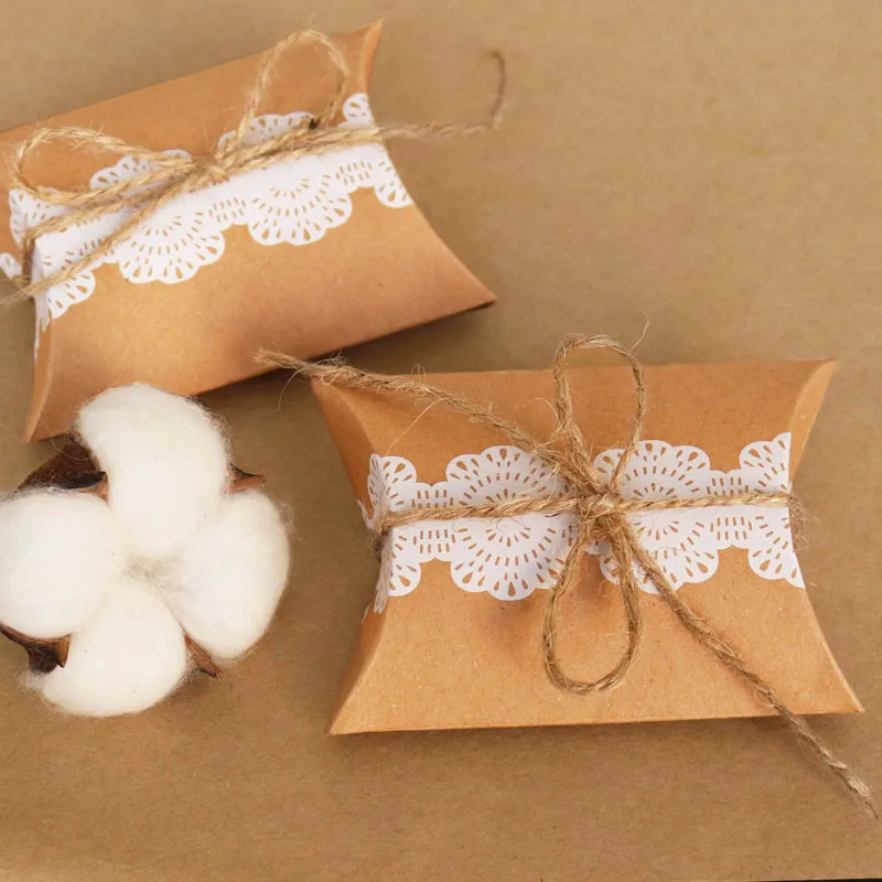 

10 шт. коробка из крафт-бумаги, кружевная подарочная коробка в форме подушки, упаковка для конфет, бумажная коробка для свадебной вечеринки, п...