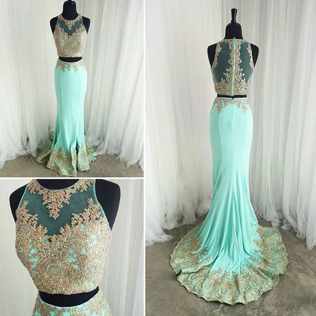 2017 Настоящее Аватар Mint Русалка Пром Dress Sheer O-образным Вырезом Золото Applqiues