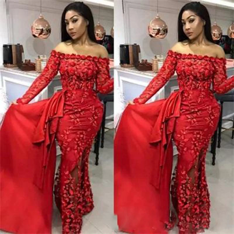 Plus Size Mermaid Prom Gowns Red 3D Floral Appliques Off Shoulder Long Sleeve Evening Gowns With Detachable Train Formal Dress
Plus Size Mermaid Prom Gowns Red 3D Floral Appliques Off Shoulder Long Sleeve Evening Gowns With Detachable Train Formal Dress