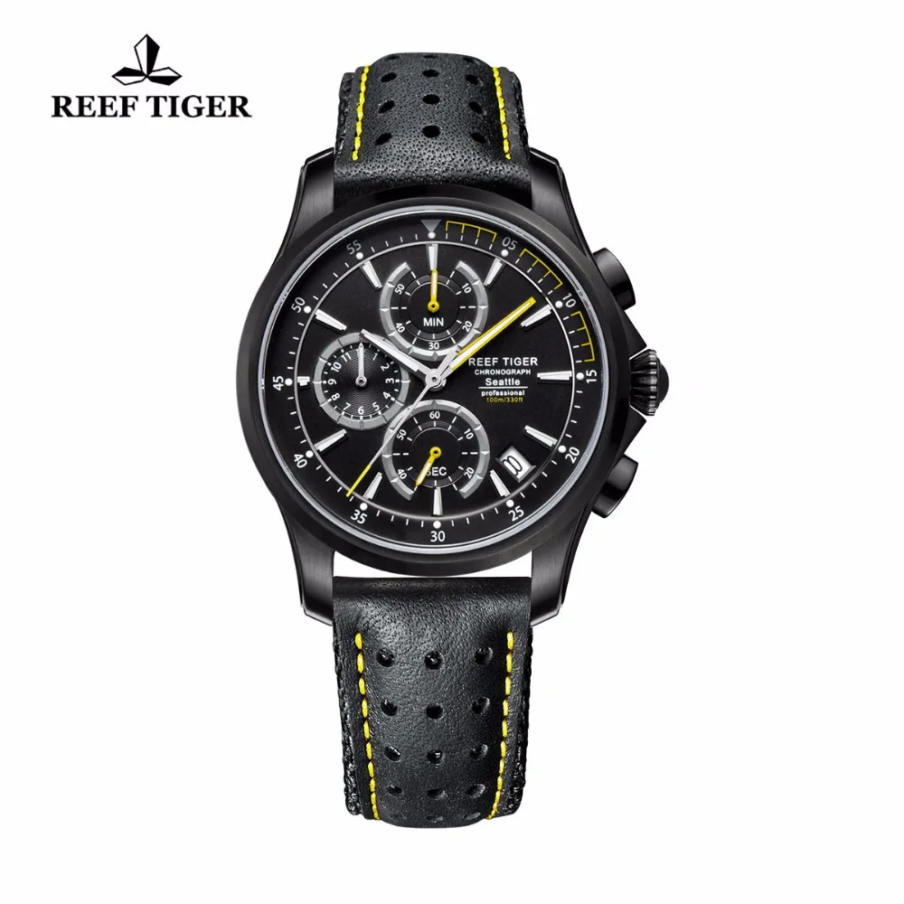 

Reef Tiger/RT Mens Quartz Sport Watches with Chronograph and Date Black Steel Super Luminous Casual Stop Watch RGA1663