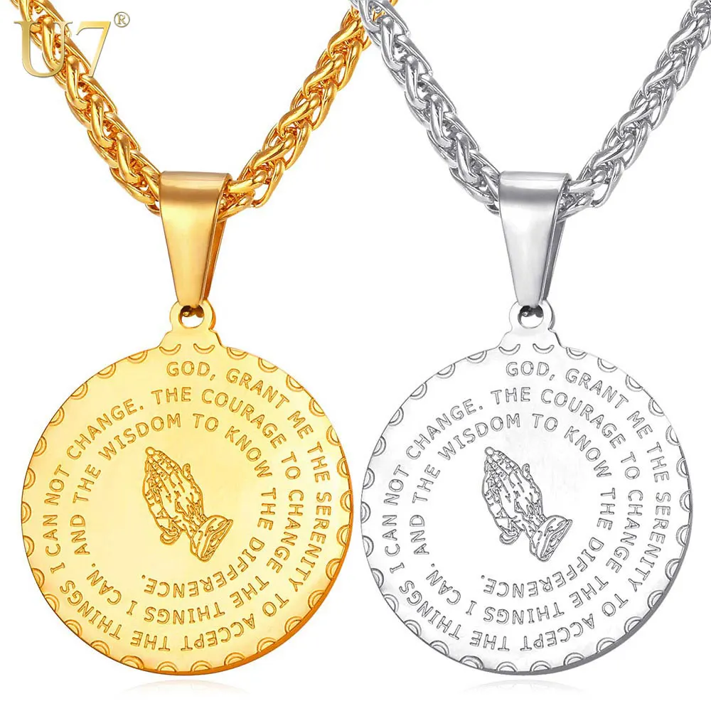 U7 Bible Verse Prayer Necklace for Men Women Round Coin Praying Hands Medal Pendant Christian Jewelry P102 |