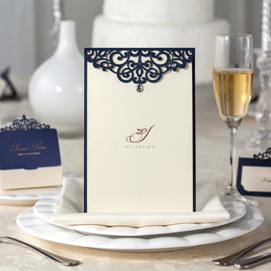 50PCS WISHMADE Navy Blue Laser Cut Invitations Cards with Rhinestone for Engagement Wedding Bussiness Quincenera Party Menu Card
50PCS WISHMADE Navy Blue Laser Cut Invitations Cards with Rhinestone for Engagement Wedding Bussiness Quincenera Party Menu Card