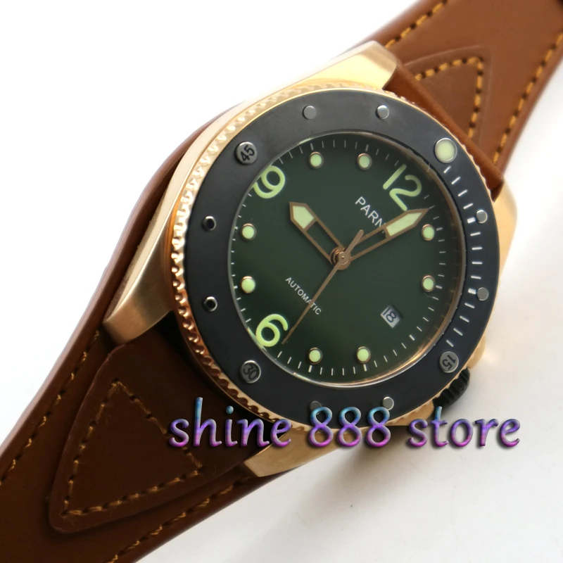 Parnis 43mm Green dial luminous sapphire glass golden case 21 jewels MIYOTA Automatic mens watch
Parnis 43mm Green dial luminous sapphire glass golden case 21 jewels MIYOTA Automatic mens watch
