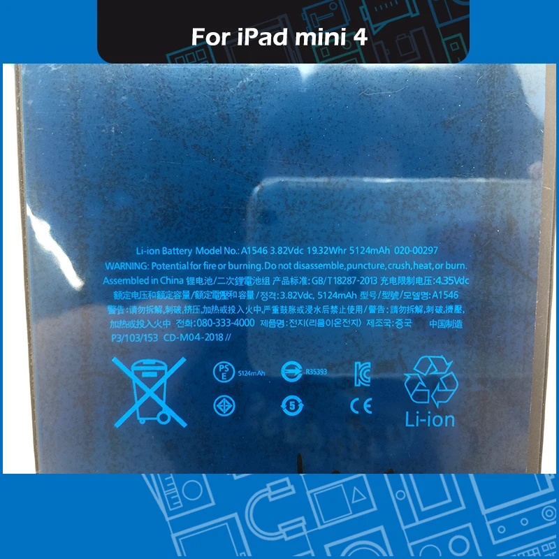 New High Quality 3.82V 19.32Wh 5124mAh Li-ion Battery A1546 for iPad Mini 4 A1538 A1550 Battery Replacement
New High Quality 3.82V 19.32Wh 5124mAh Li-ion Battery A1546 for iPad Mini 4 A1538 A1550 Battery Replacement
