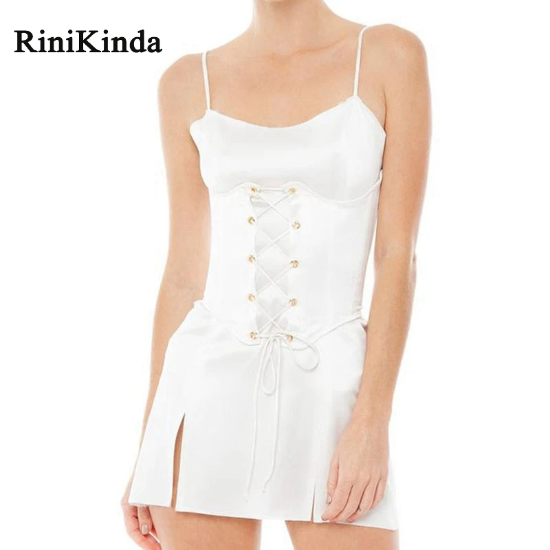 RINIKINDA Hot Summer Dress Women O Neck Spaghetti Strap Sleeveless Cross Bandage Split Mini Dresses Ladies Party Sexy Vestidos | Женская