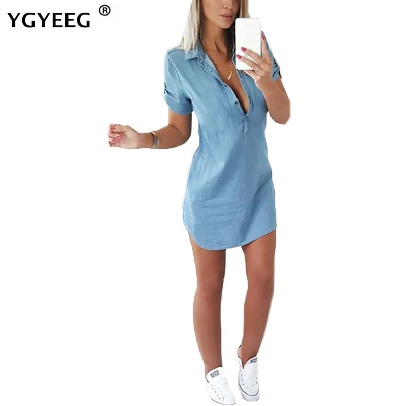 YGYEEG Women Dress V-Neck Summer Short Sleeve Casual Sexy Vestidos Party Casual Mini Imitating Denim Turn-Sown Collar Clothes
YGYEEG Women Dress V-Neck Summer Short Sleeve Casual Sexy Vestidos Party Casual Mini Imitating Denim Turn-Sown Collar Clothes