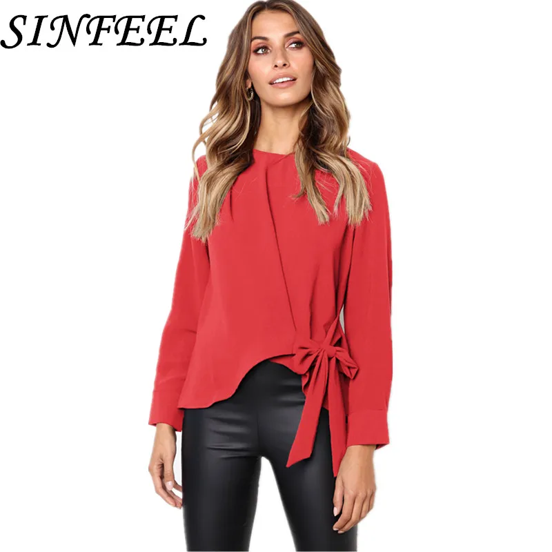 Женская блузка SINFEEL однотонная с длинным рукавом галстуком-бабочкой офисная для