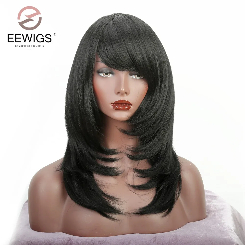 

Short Wig with Oblique Bang Natural Yaki Straight Synthetic Wigs for Women Heat Resistant Natural Fiber