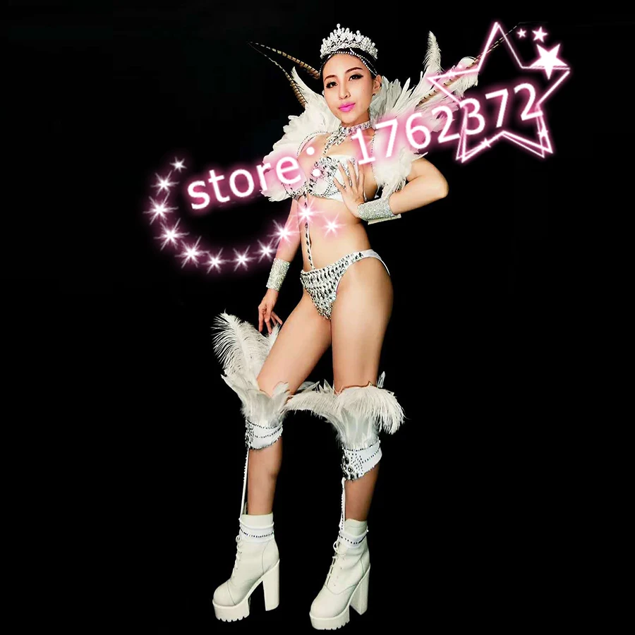 New Arrival Stage Costume Female Singer Women Dance Outfit Performances Wear Dancers DJ DS JAZZ White Feather Bikini Sexy Show |