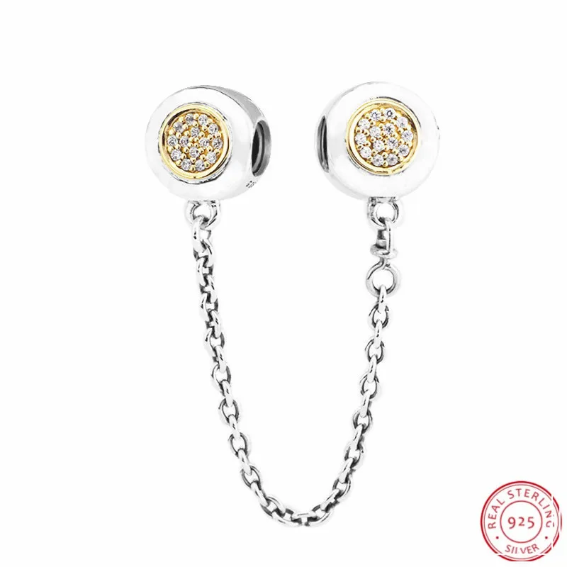 Серебро 925 элегантный логотип цепь безопасности с центральным 14K золото и ясно CZ