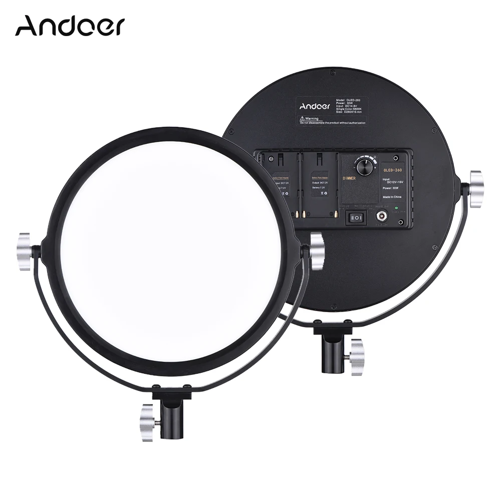 

Andoer OLED-260 5600K LED Video Light Photographic Lighting Color Temperature Dimmable CRI 95+ 30W Output Adjustable Brightness