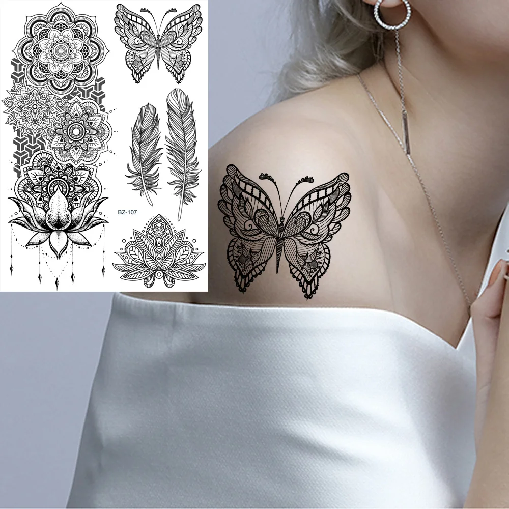 GoldOcean Black Butterfly Mandala Henna Flower Tattoos Temporary Arm Chest Fake Tattoo Stickers Waterproof Women Girl India Tato
GoldOcean Black Butterfly Mandala Henna Flower Tattoos Temporary Arm Chest Fake Tattoo Stickers Waterproof Women Girl India Tato