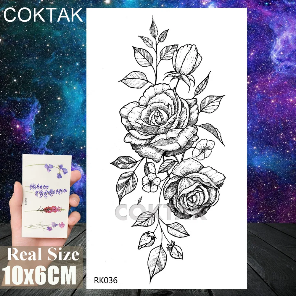 Временные татуировки с рисунком черных линий цветов наклейка в виде Розы