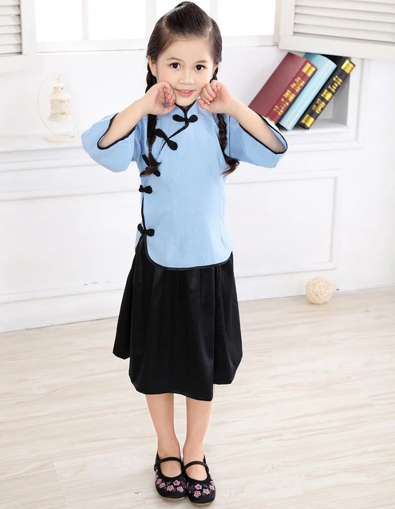 

Girl Clothes Suits School Graduation Costumes Children Chinese Chi-pao T-Shirts Skirt Sets Princess Baby Girls Outfits