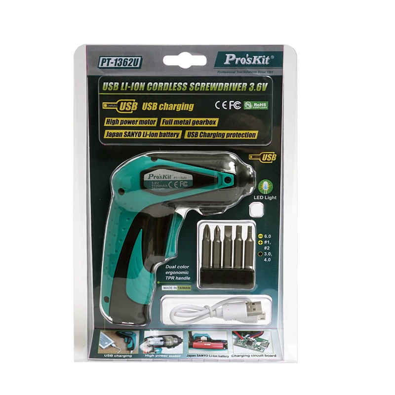 Pro'skit PT-1362U power drill screwdriver 3.6v Li-ion USB charging Cordless drill with screwdriver bits
Pro'skit PT-1362U power drill screwdriver 3.6v Li-ion USB charging Cordless drill with screwdriver bits