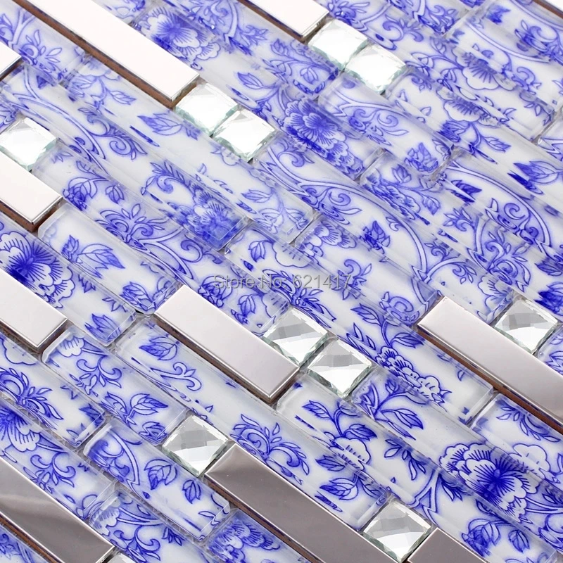 

strip blue flower glass mosaic mixed metal and diamond tile kitchen backsplash bathroom shower tiles hallway border