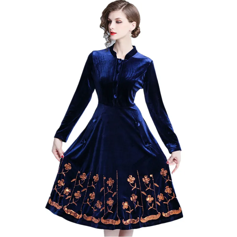 JSXDHK Vestidos Women Dress 2021 Fashion Fall Winter Blue Velvet Stand Collar Dress Vintage Embroidery Sequined Floral Dress
JSXDHK Vestidos Women Dress 2021 Fashion Fall Winter Blue Velvet Stand Collar Dress Vintage Embroidery Sequined Floral Dress