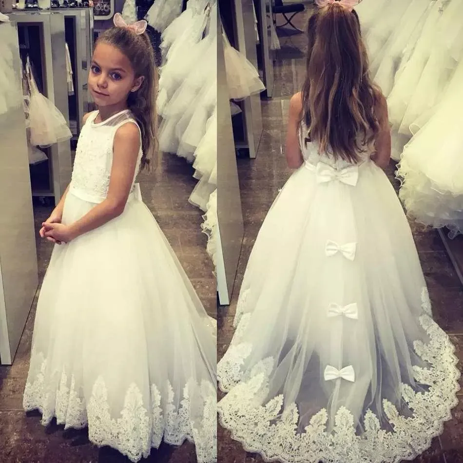 Lovely white Flower Girls Dresses Pageant O Neck Bow Floor Length First Cummunion custom Made | Свадьбы и торжества