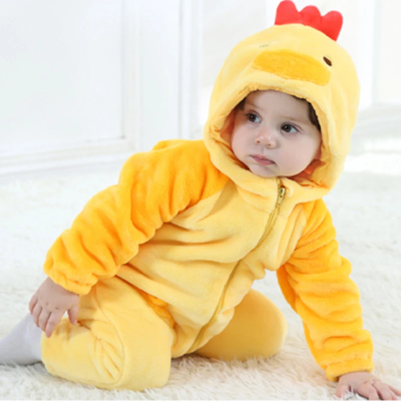 Spring Autumn Chickens Flannel Romper for 0-3Y Baby Boy Girl Long Sleeve Children Climbing Clothes Yellow Hooded Infant Jumpsuit | Мать и
